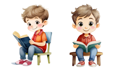 Adorable cartoon-style illustration of two young boys sitting on chairs, reading books, emphasizing education and learning.