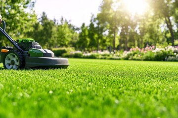 A close-up of a lawn mower cutting vibrant green grass in a sunny garden.