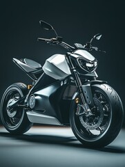 Futuristic electric motorcycle showcased in dramatic lighting, emphasising its sleek design and modern technology.