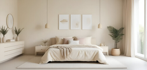 modern bed room interior with sofa , cream  color background . Generated by AI