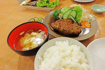 Japanese hamburger steak with soup and rice