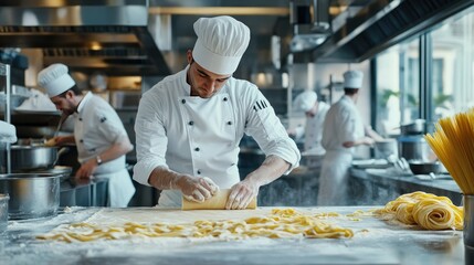 A chef rolling out fresh pasta dough in a professional kitchen, while other chefs work at different stations behind him