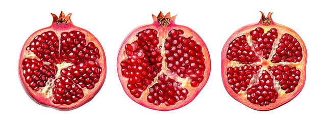 Pomegranate halves showcasing juicy red seeds and white membranes