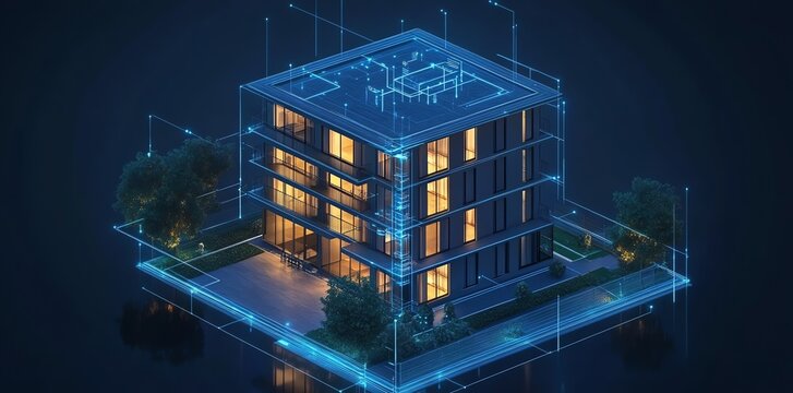 A modern building with glowing blue lines around it, showcasing the concept of a smart home.