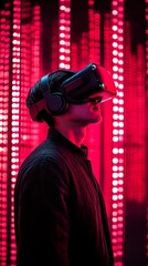 A person wearing VR headset and a black jacket standing against a red and pink light background.