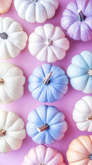 Aesthetic mix of pastel blue, pink and purple pumpkins, top view. Greeting mockup, wallpaper, copy space. Generative AI