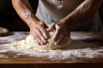 Fototapeta premium Close-up of a male baker's hands kneading dough on a large wooden table sprinkled with flour in a bakery, restaurant kitchen.
