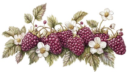 Fototapeta premium A sprig of blackberries with white flowers, brought to life in watercolor brushstrokes.