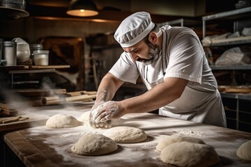 Fototapeta premium A male baker in a chef's hat kneads dough by hand on a large table sprinkled with flour in a bakery, restaurant kitchen.
