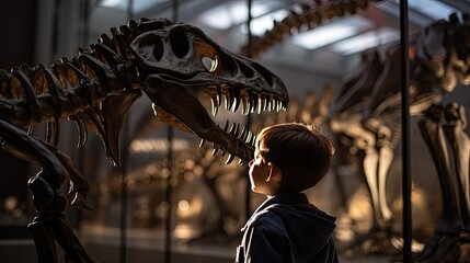 A little boy in a paleontology museum looks curiously at a large dinosaur skeleton. A child on a...