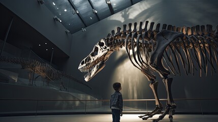 A little boy in a paleontology museum looks curiously at a large dinosaur skeleton. A child on a...