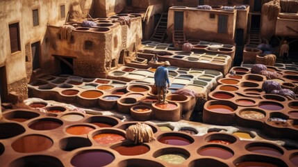 Traditional tannery. Many stone vats filled with colorful dye to process leather according to ancient techniques.