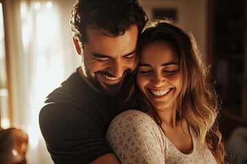 Fototapeta premium I'm expecting a baby. Happy man hugging his pregnant woman