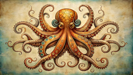 Vintage of an octopus with intricate detail, octopus, vintage,marine, sea creature, old-fashioned, detailed, retro