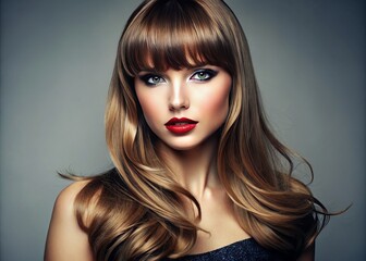 Fototapeta premium A fashionable female model flaunts various hair bang styles, including side-swept, curtain, and blunt options that