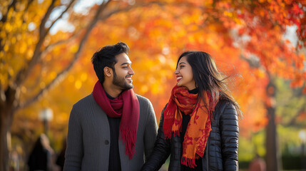 Fototapeta premium Couple walking in autumn with red scarves