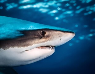 Naklejka premium Close-up view of a shark's eye and mouth, highlighting its sharp teeth and powerful gaze. The detailed focus captures the predator's intense expression, emphasizing the shark's dominance in the ocean.