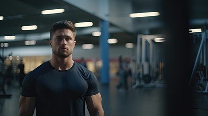 Fototapeta premium Man trainer, athlete standing in gym with lots of barbells and dumbbells close-up. Fitness center with strength training machines for weightlifting and bodybuilding.