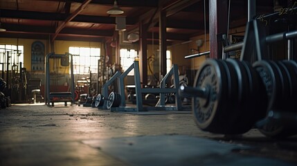 Fototapeta premium Empty gym with lots of barbells and dumbbells close-up. Fitness center with strength training machines for weightlifting and bodybuilding.