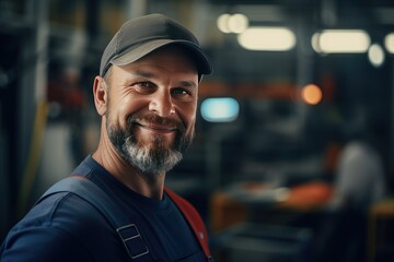 Obraz premium Smiling master in the factory shop among machines and repair equipment. A man mechanic specialist on the background of the workshop, garage.