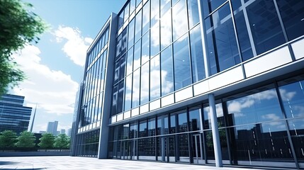 Exterior of a large glazed modern office building, business center on a bright sunny day. A deserted city street is reflected in the windows.