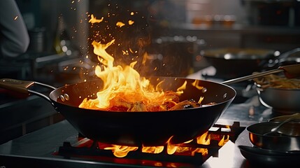 An exotic Asian dish is embraced by a flame of fire on a large wok. A chef in a white suit prepares food in the restaurant's hot kitchen.