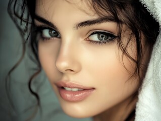 Fototapeta premium Portrait of a beautiful smiling woman in a white towel. Personal hygiene, after shower.