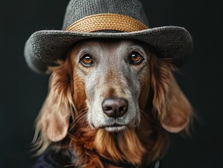 The dog wears a hat. A smart and funny pet.