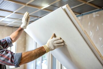 Worker install drywall in room. House repair and construction