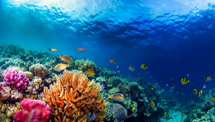 Obraz premium Underwater coral reef landscape super wide banner background in the deep blue ocean 