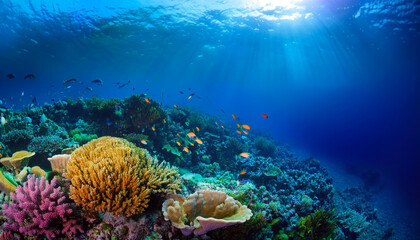 Naklejka premium Underwater coral reef landscape super wide banner background in the deep blue ocean 