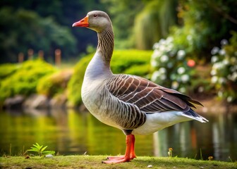 A majestic goose graces the image with its elegant posture and webbed feet