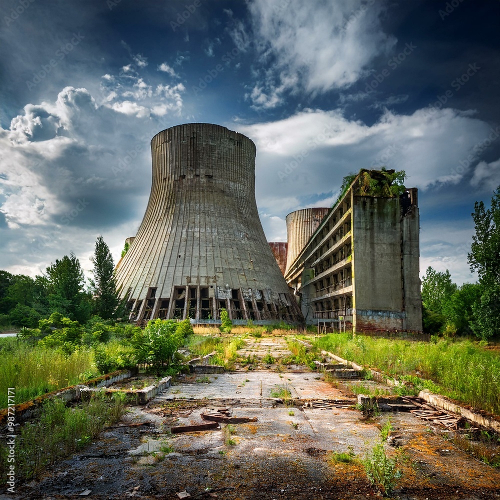 Sticker ruins of abandoned nuclear plant, AI generated