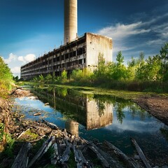 Obraz premium ruins of abandoned nuclear plant, AI generated