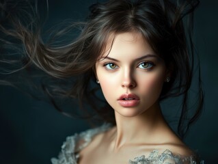 Fototapeta premium Feminine and gentle woman with long hair, glowing perfect skin, beauty industry, beauty and health.