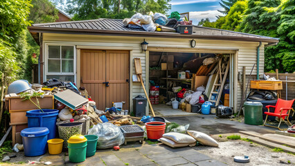 Fototapeta premium Garbage dump in cluttered garage and backyard , hoarding, mess, dirty, unorganized, household waste, refuse, junk