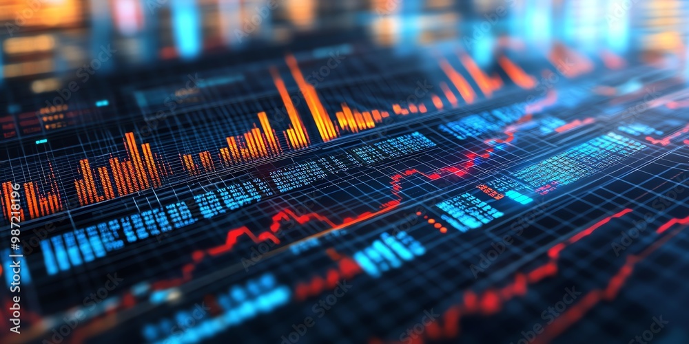 Poster abstract close up of financial data chart with glowing lines and numbers.