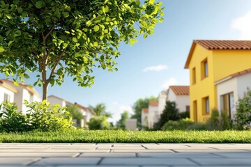 Naklejka premium A serene suburban neighborhood with colorful houses, a clear blue sky, and lush greenery providing a tranquil outdoor environment.