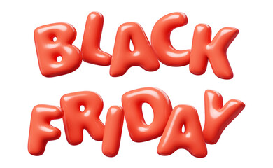 Black Friday red Inflatable flying word for promotion design. 3D render illustration of sale and discount floating text design element. Balloon cartoon volumetric sign for special offer advertising.