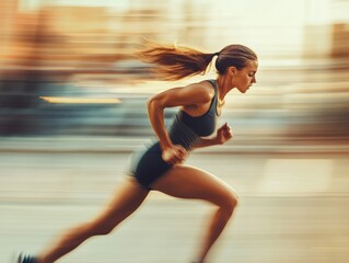 Obraz premium A woman runs quickly along a city street while jogging. The background is blurred due to the fast movement.