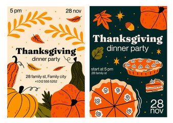 Thanksgiving dinner party flyer collection. Autumn vector illustration set for holiday celebration with pumpkin pie, fall leaves. Design concept, social media post, banner templates, invitations