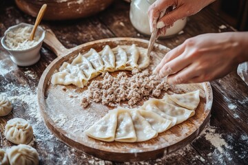 Making Dumplings. Minced meat filling on raw dough slices. Convenience Food, cooking process on rustic wooden table. Close-up shot. Soft focus , ai