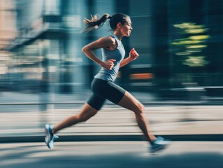 A woman runs quickly along a city street while jogging. The background is blurred due to the fast movement.