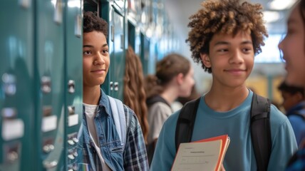 Smiling students socializing by lockers at school, International Youth Day - Powered by Adobe