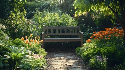 An outdoor garden setting featuring lush greenery, flowers, and a wooden bench