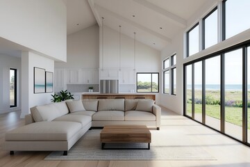Modern living room with large windows, minimalist design, and a comfortable sofa overlooking a scenic view.