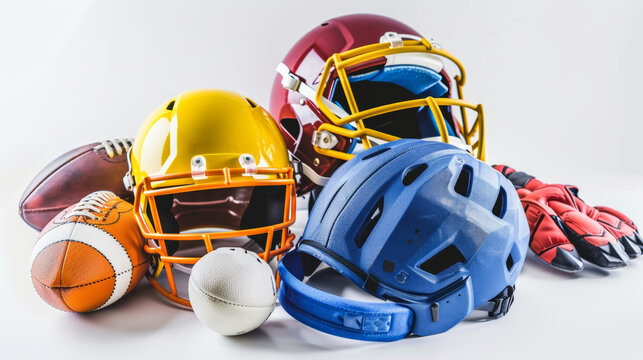 Sports-specific protective gear such as mouthguards, helmets, and padding isolated on white background