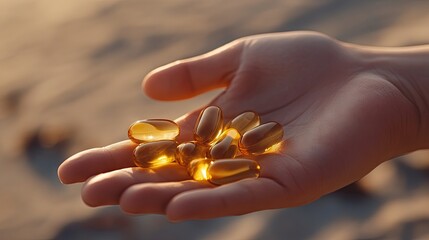 A hand gently pouring Omega 3 fish oil capsules into the palm, emphasizing the smooth, shiny surface of the golden capsules.