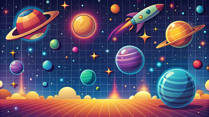 Naklejka premium Retro background with colorful outer space theme, retro, background, colorful, outer space, galaxy, vintage, retro design, stars