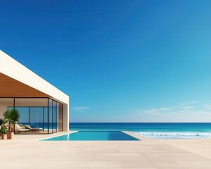 Fototapeta premium Stunning modern villa with infinity pool overlooking tranquil ocean and clear blue sky, perfect for relaxation and luxury living.